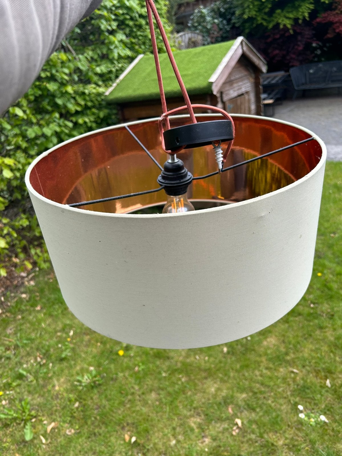 Mintgroene lamp met bronskleurige binnenkant, Gebruikt, Rond, Textiel, Groen