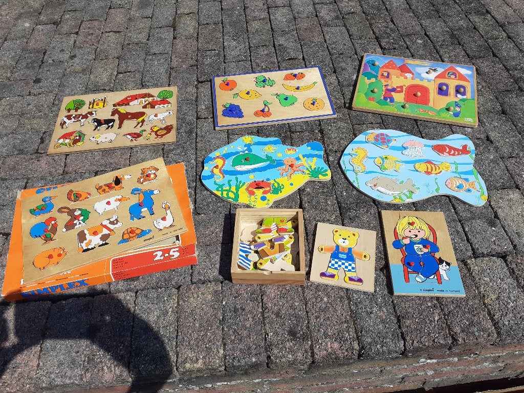 Houten en plastic insteek puzzels - leren puzzelen, Ophalen, Gebruikt, Van hout, Minder dan 10 stukjes