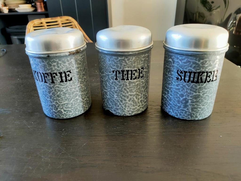Grijs gewolkte bussen  koffie thee suiker, Antiek en Kunst, Ophalen of Verzenden