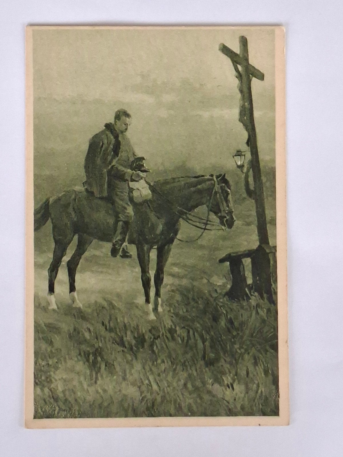Ansichtkaart- WO1- cavalerie- soldaat- paard- crusifix, Verzamelen, Ophalen of Verzenden, Voor 1920, Ongelopen, Politiek en Historie