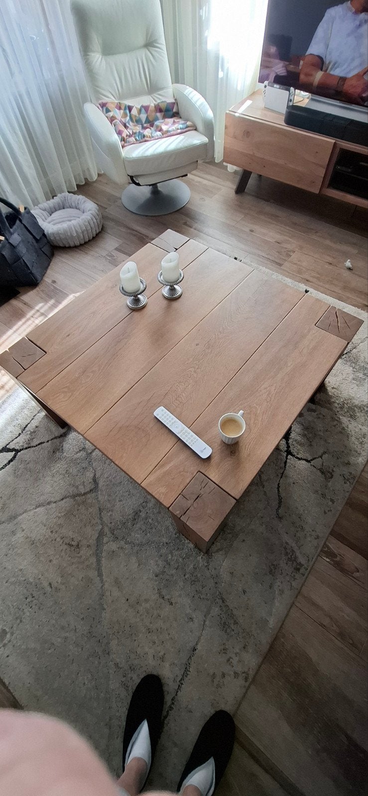 Robuuste eikenhouten salontafel - Vierkant, Gebruikt, 50 tot 100 cm, Landelijk, Robuust, 5 – 50