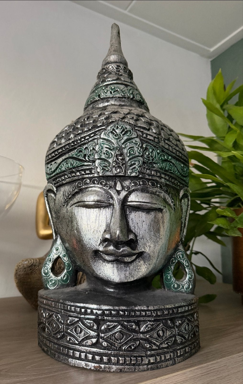 Boeddha hoofd zilver/groen - Decoratief beeld, Ophalen, Met reliëf, Gebruikt, Meerkleurig