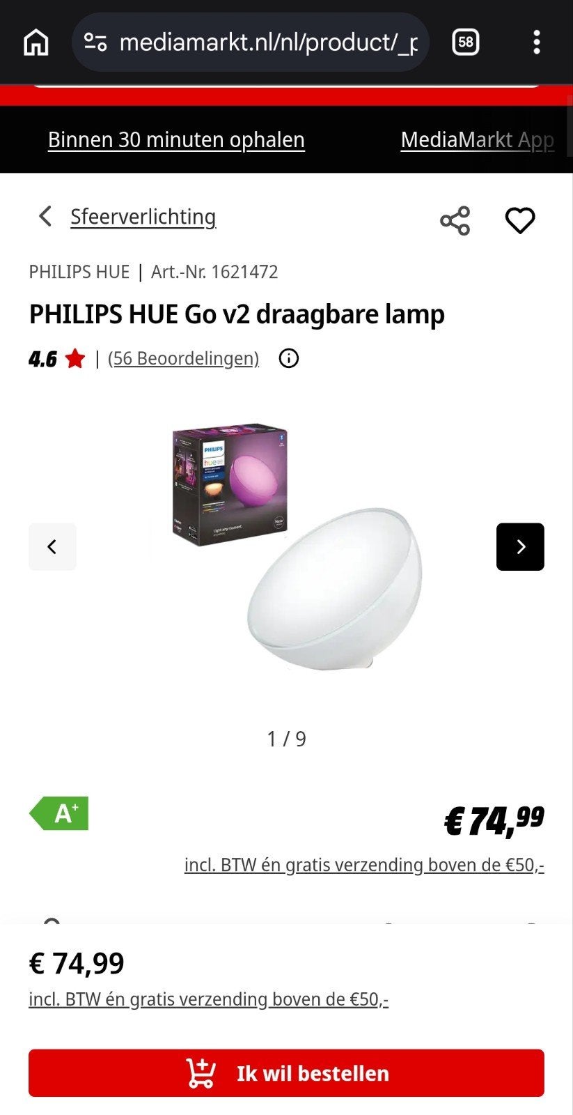 Philips Hue Go v2 - Zo goed als nieuw, Wit, Kunststof, Ophalen of Verzenden, Draadloos