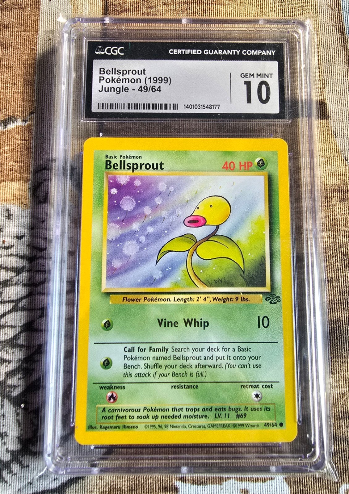 Bellsprout Jungle 49/64 1999 CGC 10 Pokémon Kaart, Ophalen of Verzenden, Zo goed als nieuw, Losse kaart, Foil