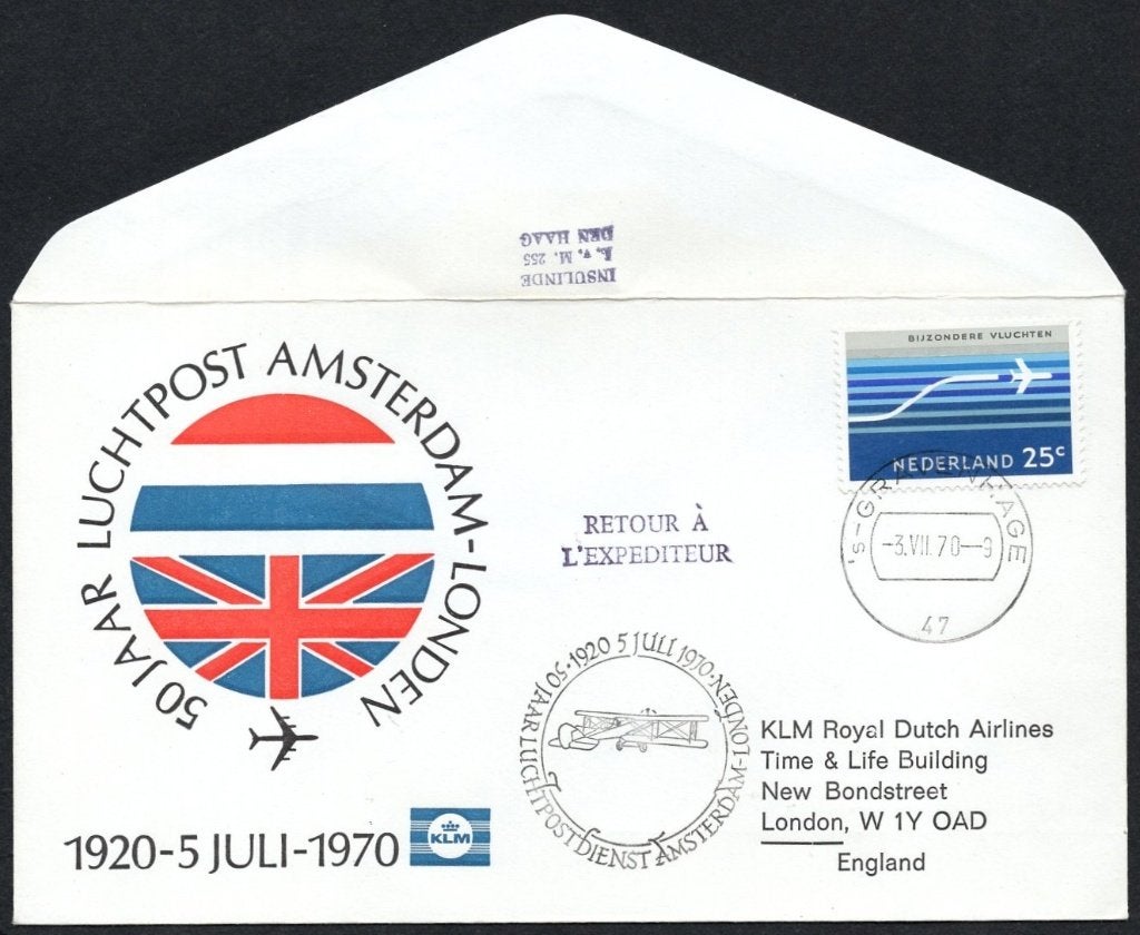 50 jaar KLM luchtpost Amsterdam - Londen 1970, Verzenden, Envelop