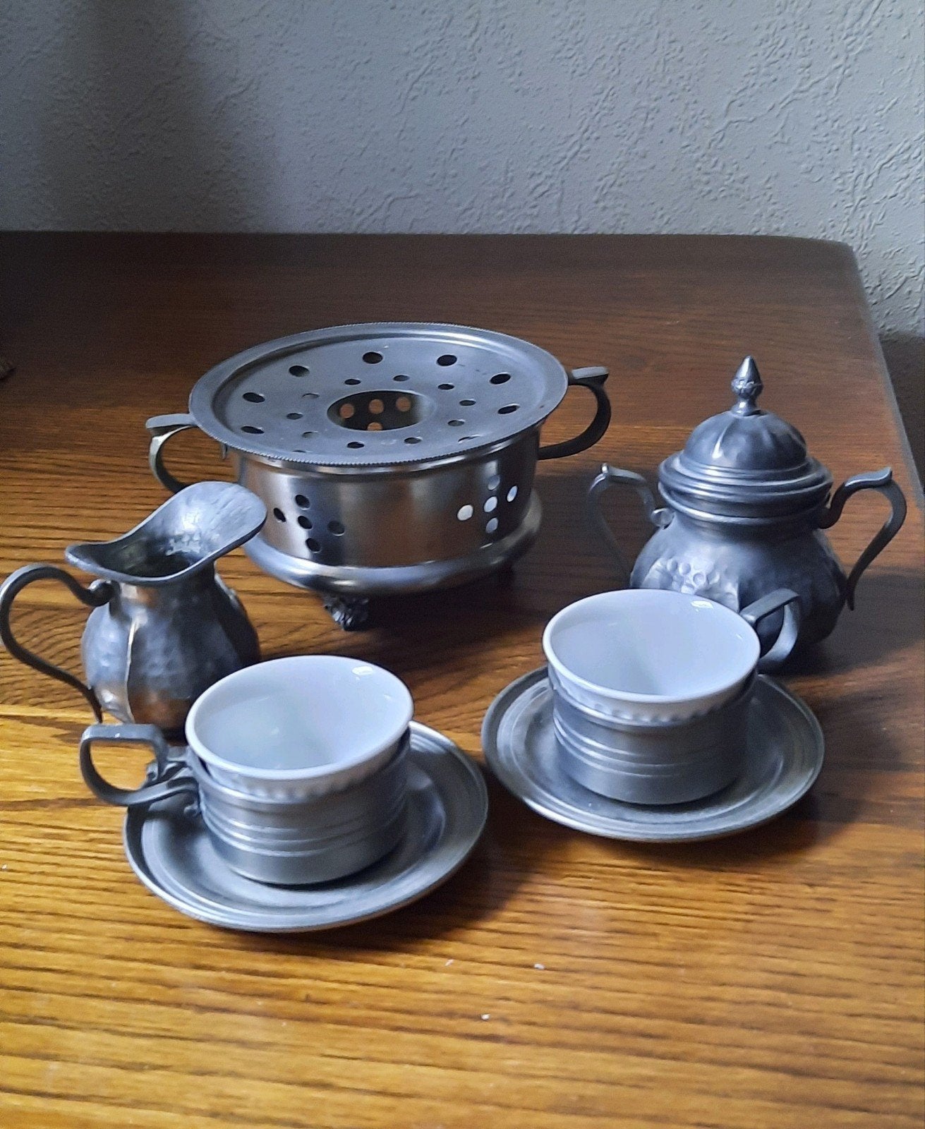 Vintage tinnen theeservies met theelicht, Ophalen of Verzenden