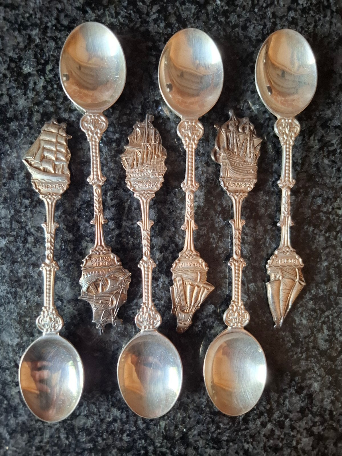 6 verzilverde lepeltjes historische schepenscheepstypen DE, Antiek en Kunst, Ophalen of Verzenden