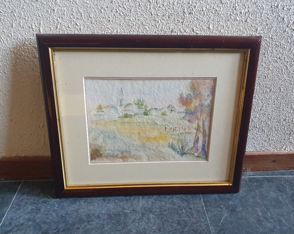 Aquarel Frans Dorpsgezicht met Kerk – Gesigneerd H. Houlin, Ophalen of Verzenden