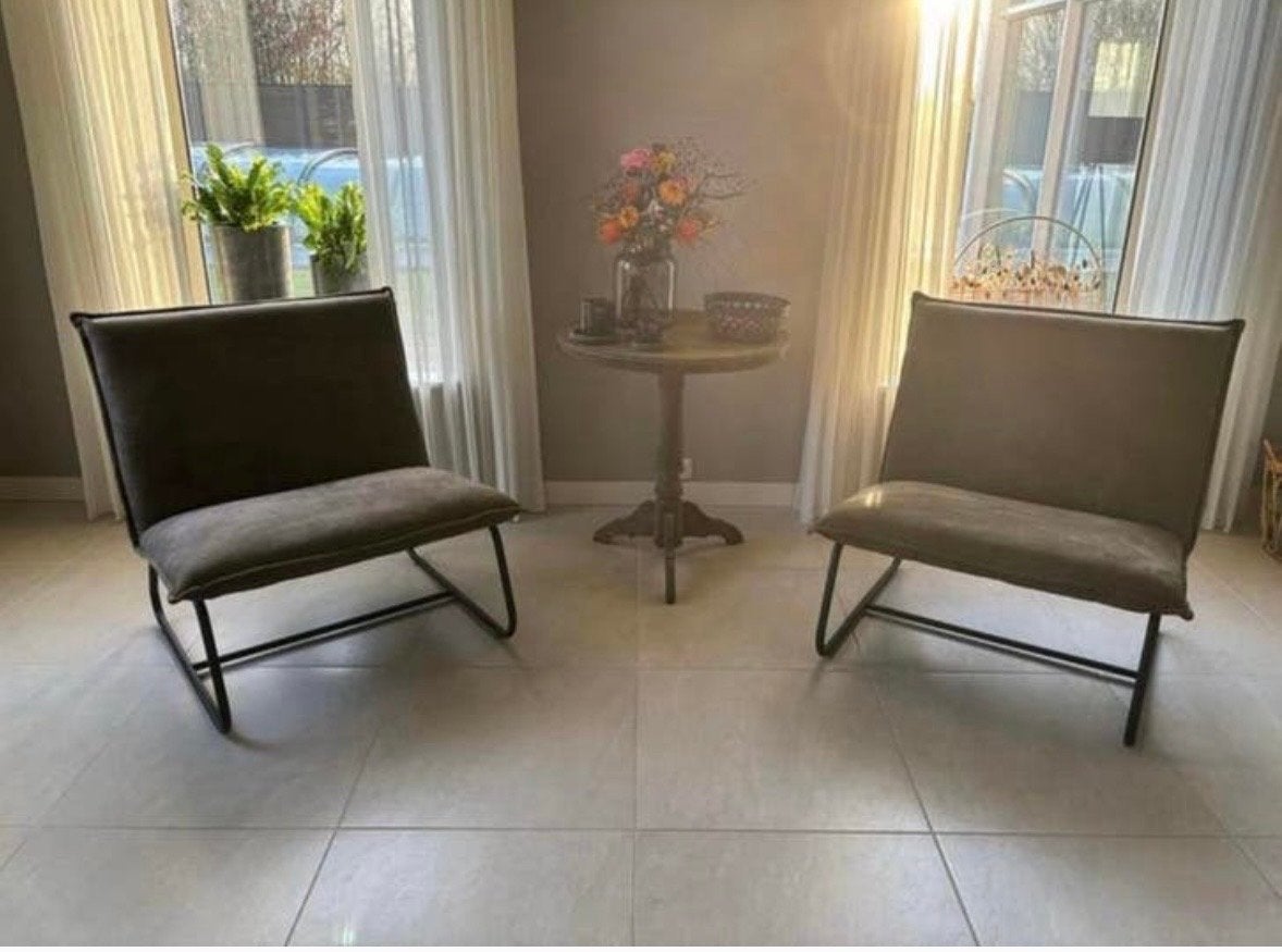 Set van 2 industriële fauteuils - olijfgroene stof, Ophalen, Gebruikt, Twee, Overige kleuren
