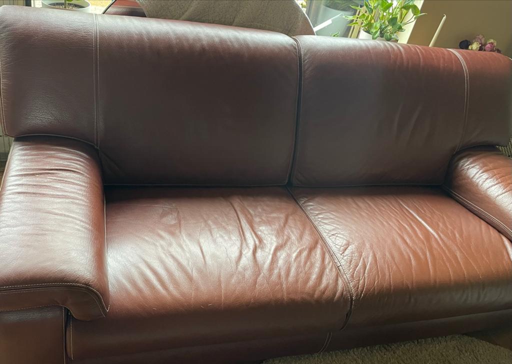 Bruine leren bank, Ophalen, Gebruikt, 75 tot 100 cm, 200 tot 250 cm