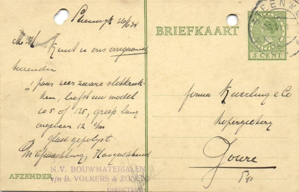 vh B. Volkers + Zonen, Steenwijk - 06.1934 - briefkaart, Ophalen of Verzenden, Briefkaart