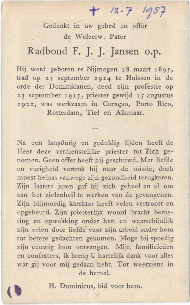pater Radboud Jansen 1895 Nijmegen + 1957 Venray, 62 jaar, Verzamelen, Bidprentjes en Rouwkaarten, Verzenden