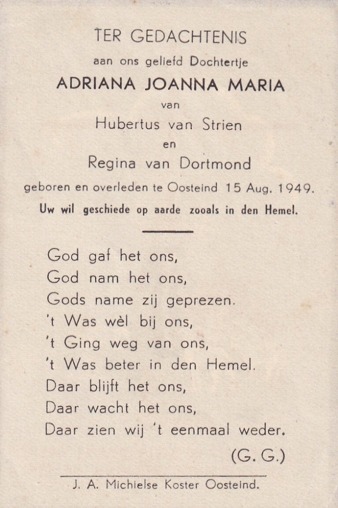 Strien Adriana 1949 Oosteind 1949, Ophalen of Verzenden, Bidprentje