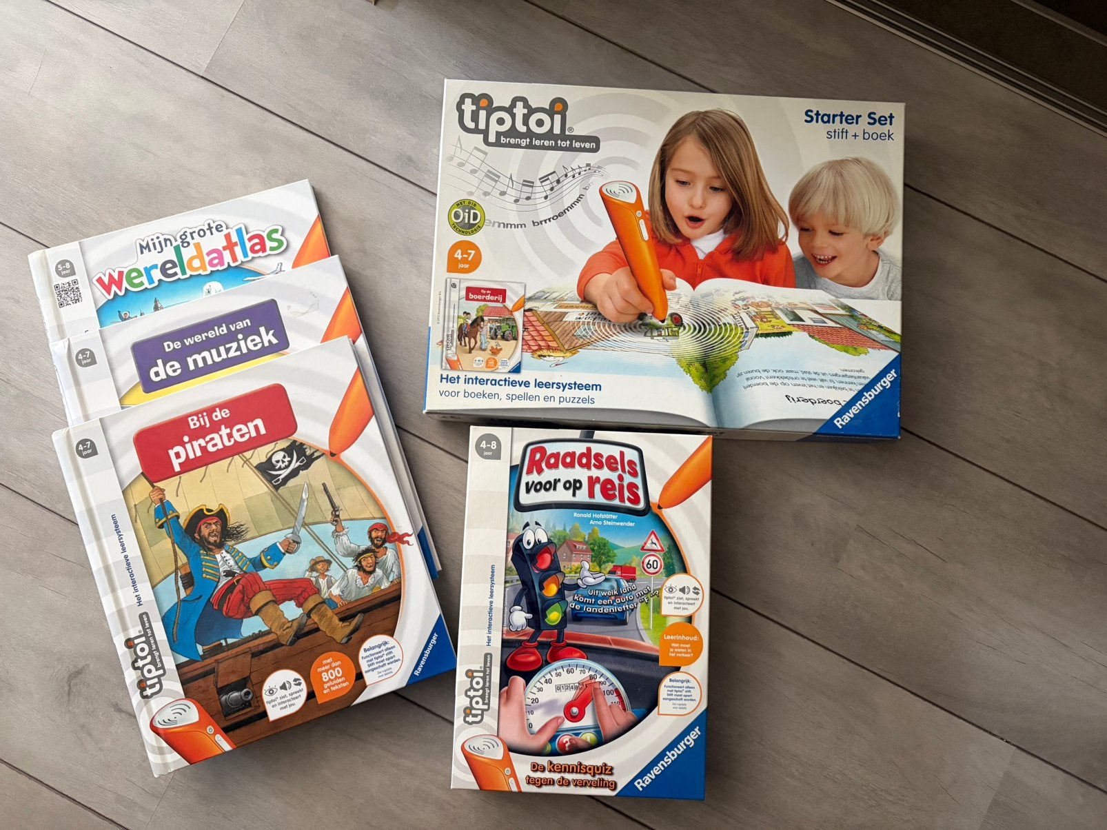 Tiptoi starter set+drie losse boeken+raadsels voor op reis, Ophalen of Verzenden, Zo goed als nieuw