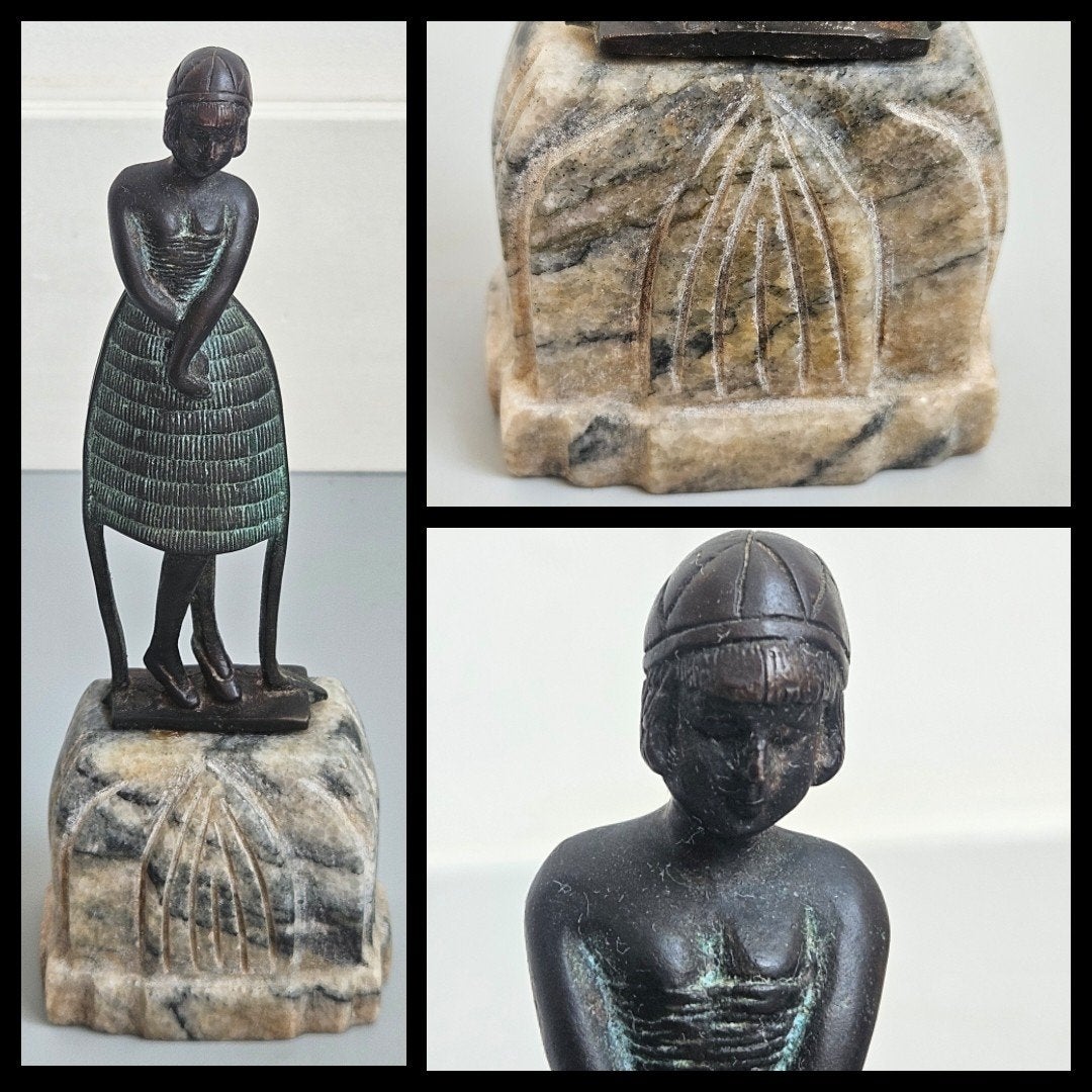 Brons, Art Deco bronzen sculptuur op spekstenen basement, Ophalen of Verzenden, Gepatineerd, Brons, Beeld