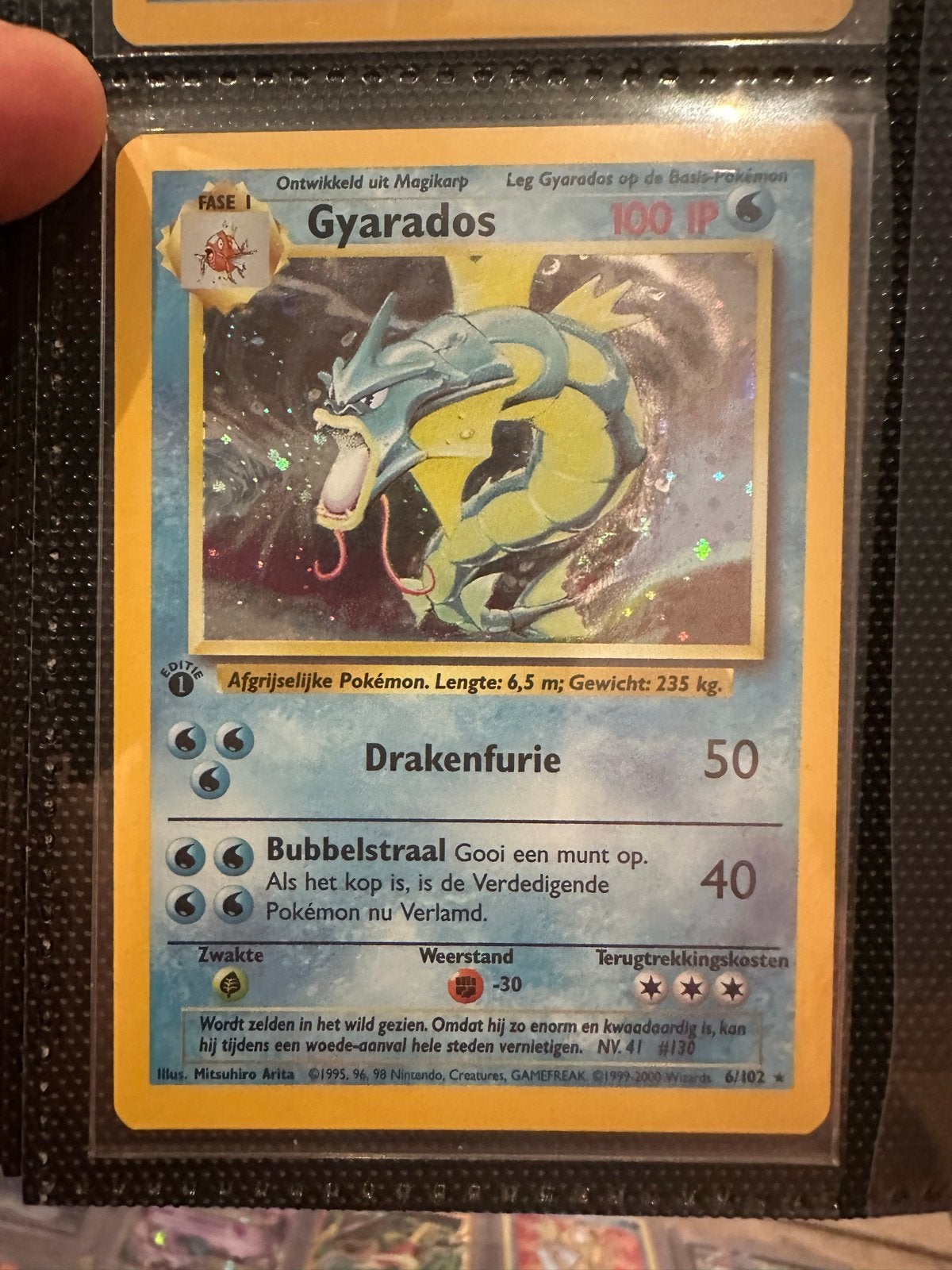 Gyarados Holo First Edition Pokémon Kaart (Nederlands), Ophalen of Verzenden, Gebruikt, Losse kaart, Foil