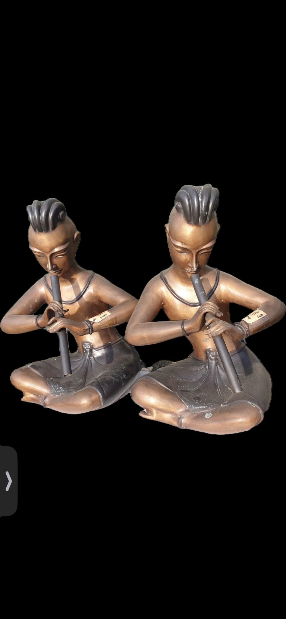 Twee bronzen beelden van mannen met fluit, Groep mensen, Ophalen of Verzenden, 20 - 50 cm, Beeld