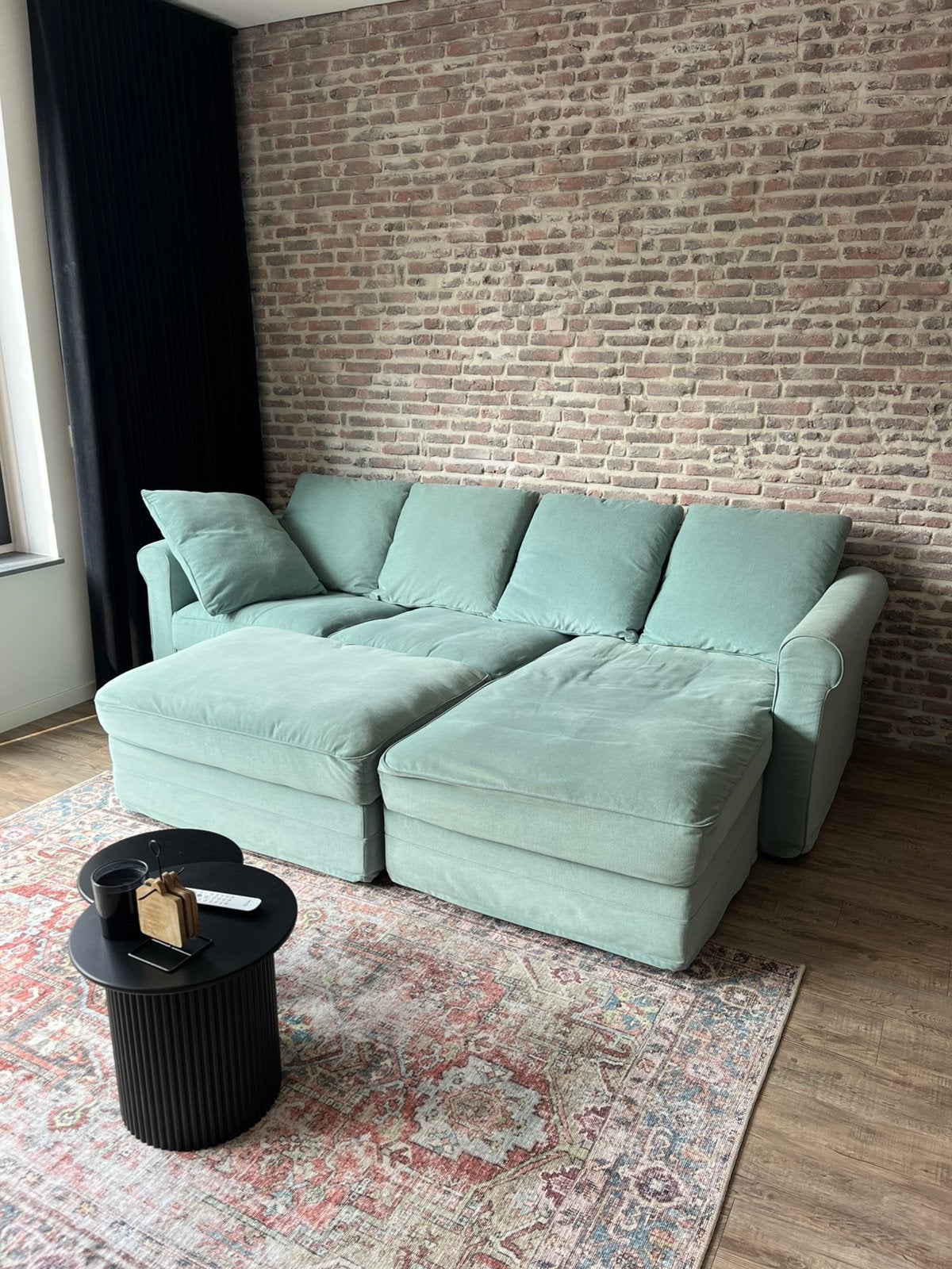 Mintgroene IKEA 3-zits hoekbank met chaise longue en poef, Ophalen, 250 tot 300 cm, Gebruikt, Hoekbank