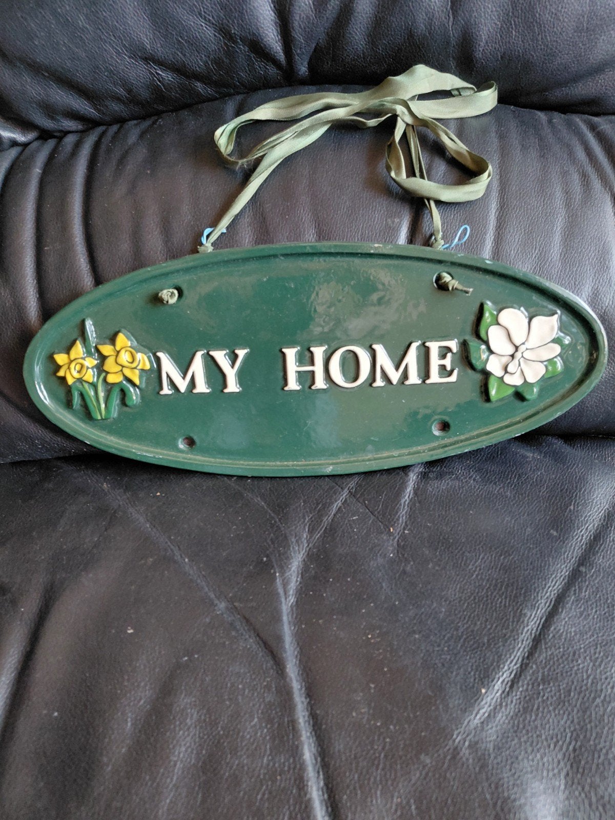 Decoratief 'MY HOME' metalen  bordje met bloemen, Groen, Gebruikt, Ophalen of Verzenden, Landelijk