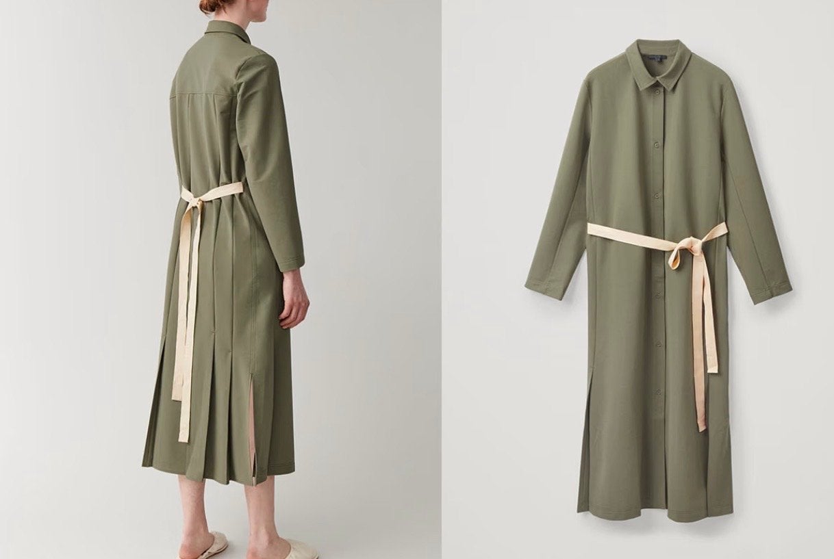 COS Groene Midi Jurk met Plissé en Ceintuur - Maat M, Maat 38/40 (M), Ophalen of Verzenden, Zo goed als nieuw, Onder de knie