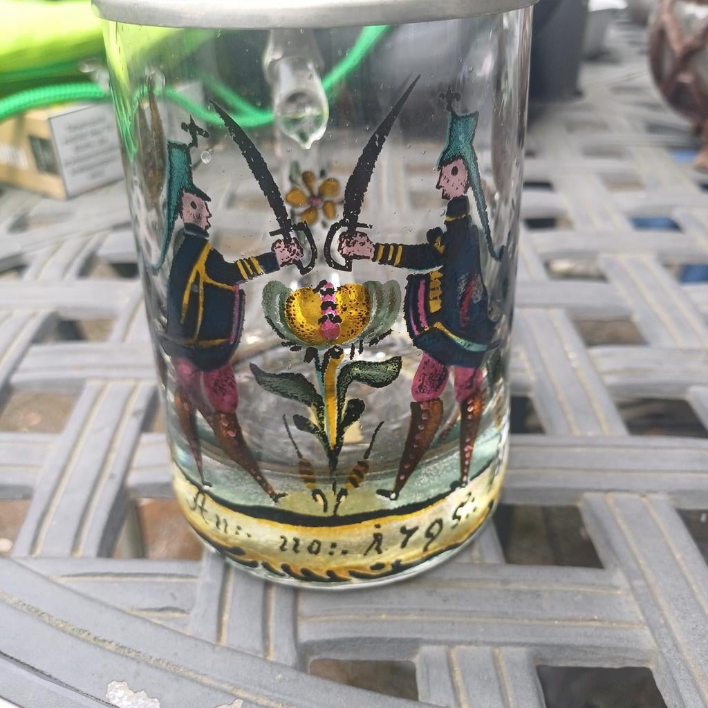 Antieke Glazen Bierpul met Tin Deksel - Anno 1795, Ophalen of Verzenden