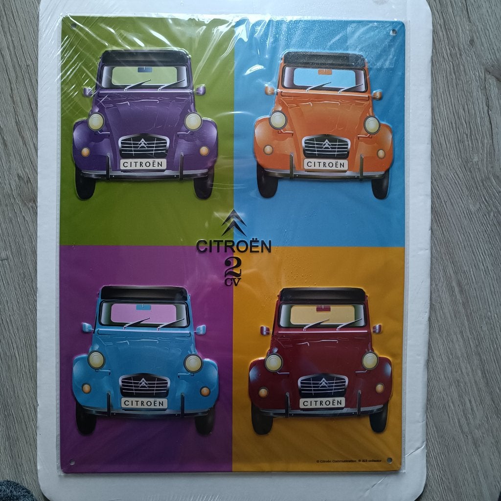 plaat metaal sign wand deco met 4x 2cv 2 cv citroen er op, Huis en Inrichting, Ophalen of Verzenden, Nieuw
