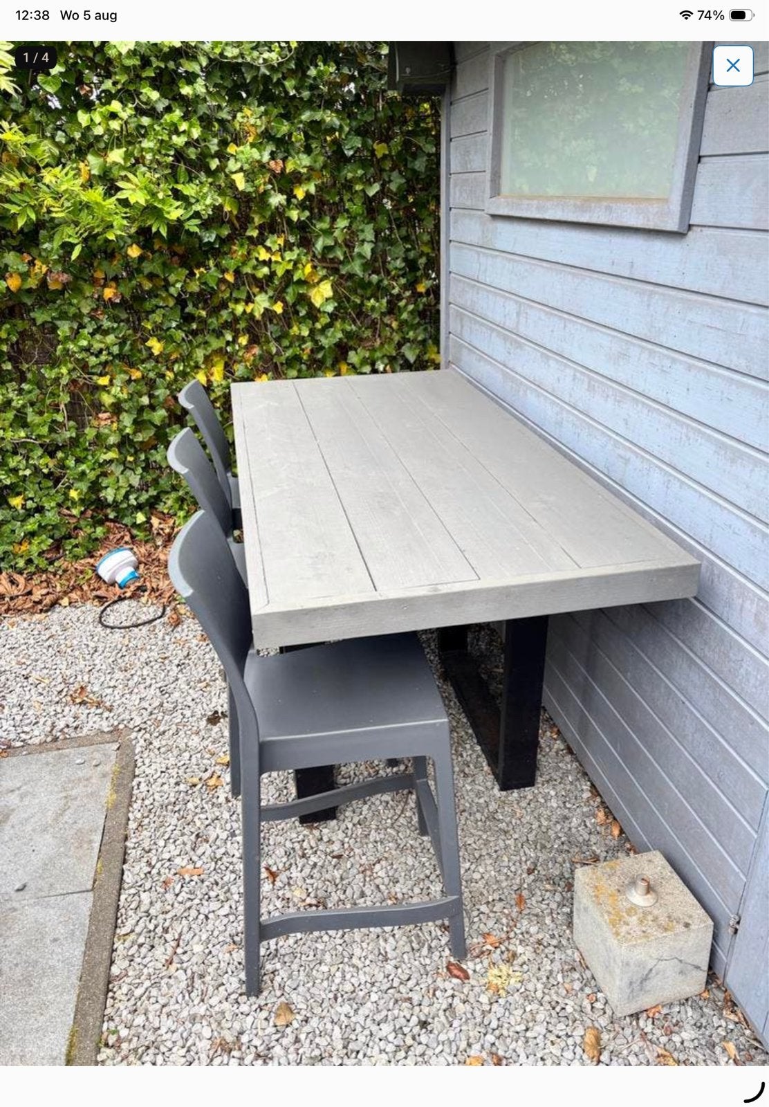 Set van 3 grijze barkrukken  en bartafel, Tuin en Terras, Ophalen, Zo goed als nieuw