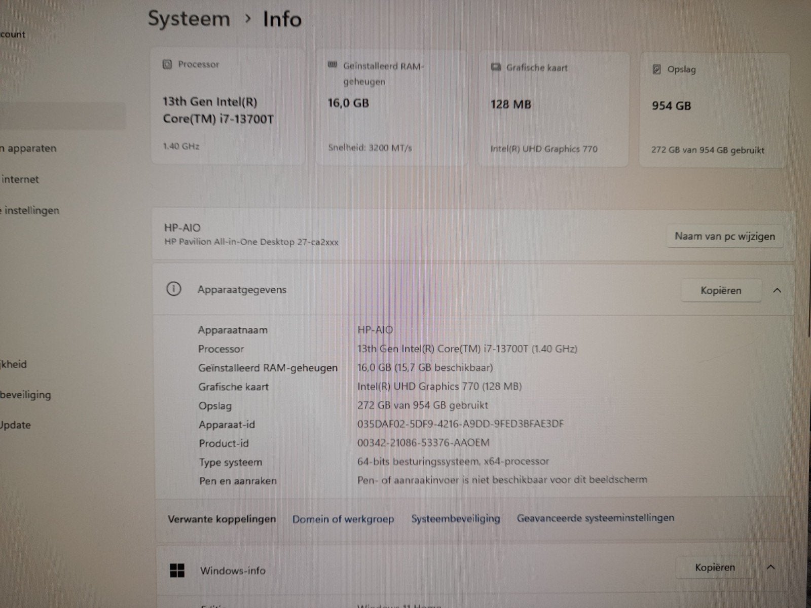 HP Pavilion All-in-One Desktop 27-ca2xxx - i7-13700T, Computers en Software, Intel Core i7-13700T, Minder dan 2 Ghz, Ophalen of Verzenden