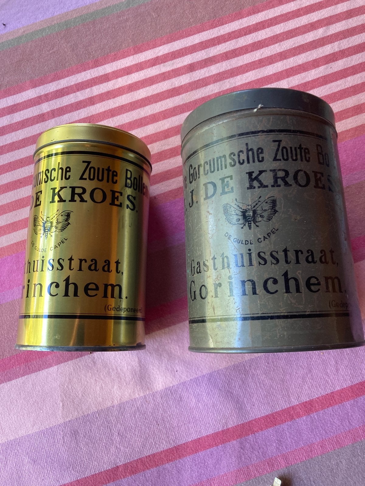 Set van 2 vintage blikken 'Gorcumsche Zoute Bollen' J. de Kr, Verzamelen, Blikken, Ophalen of Verzenden, Gebruikt, Overige, Overige merken