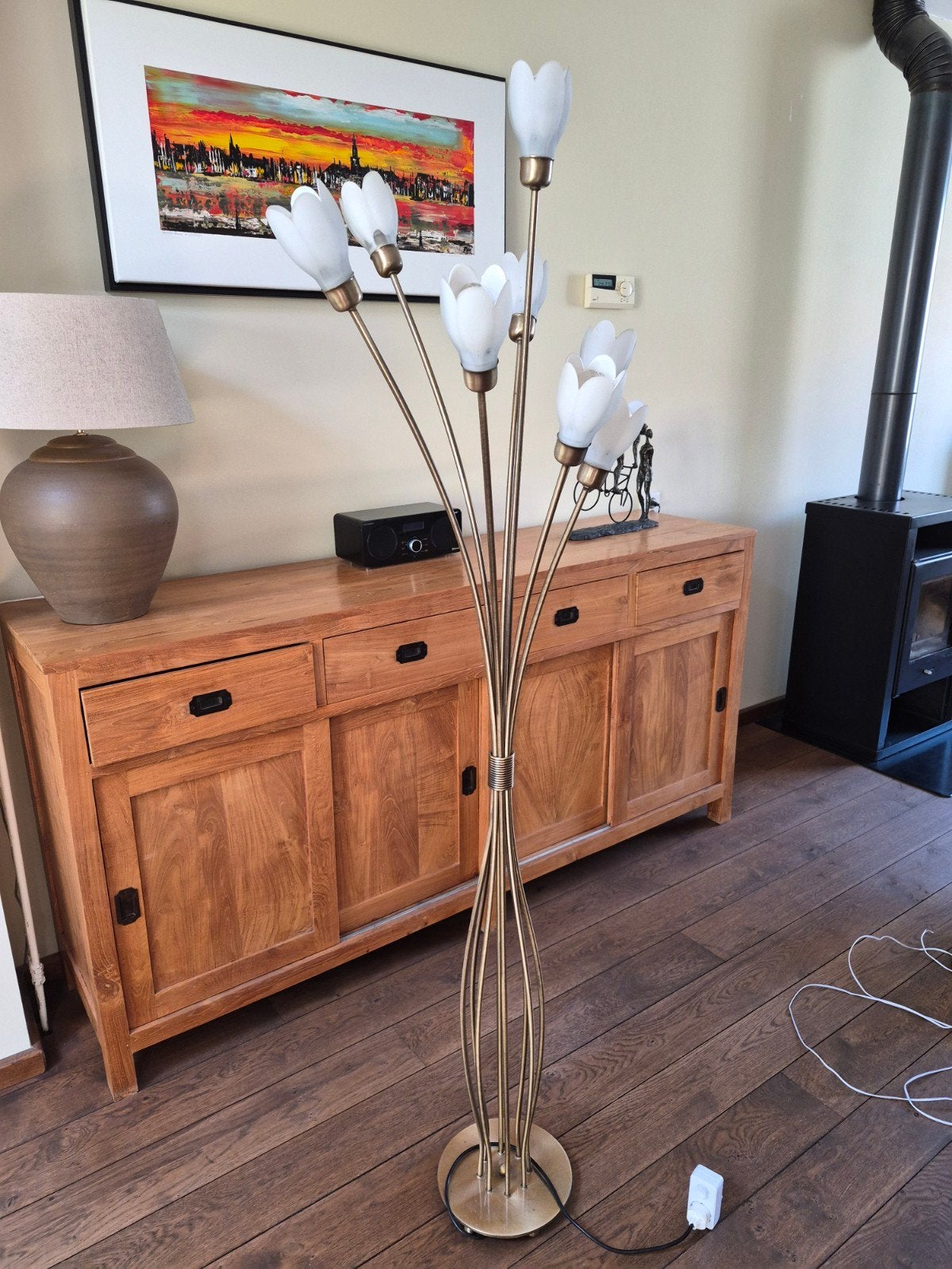 Vintage bloem lamp, staande lamp met 7 kelken, Ophalen, Gebruikt, Glas, 150 tot 200 cm