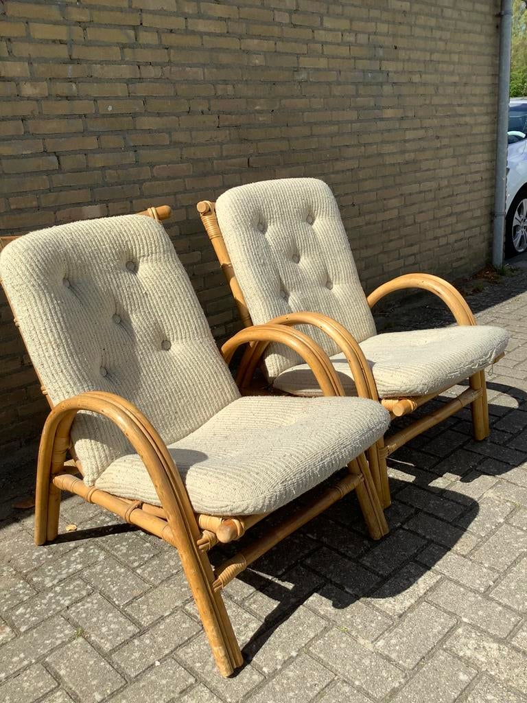 Vintage rotan bamboe design stoel fauteuil originele kussen, Huis en Inrichting, Fauteuils, Ophalen, Gebruikt, Minder dan 75 cm