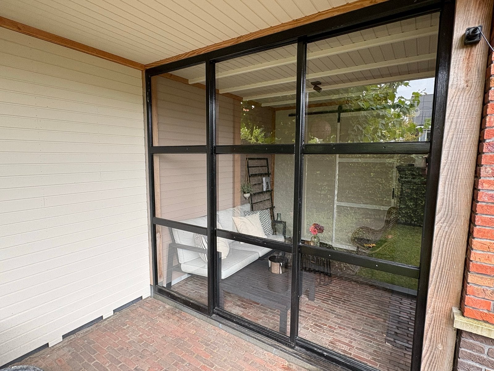 Glazen schuifpui in houten frame, Doe-het-zelf en Verbouw, Glas en Ramen, Ophalen, Gebruikt, Gevelraam of Ruit, 160 cm of meer