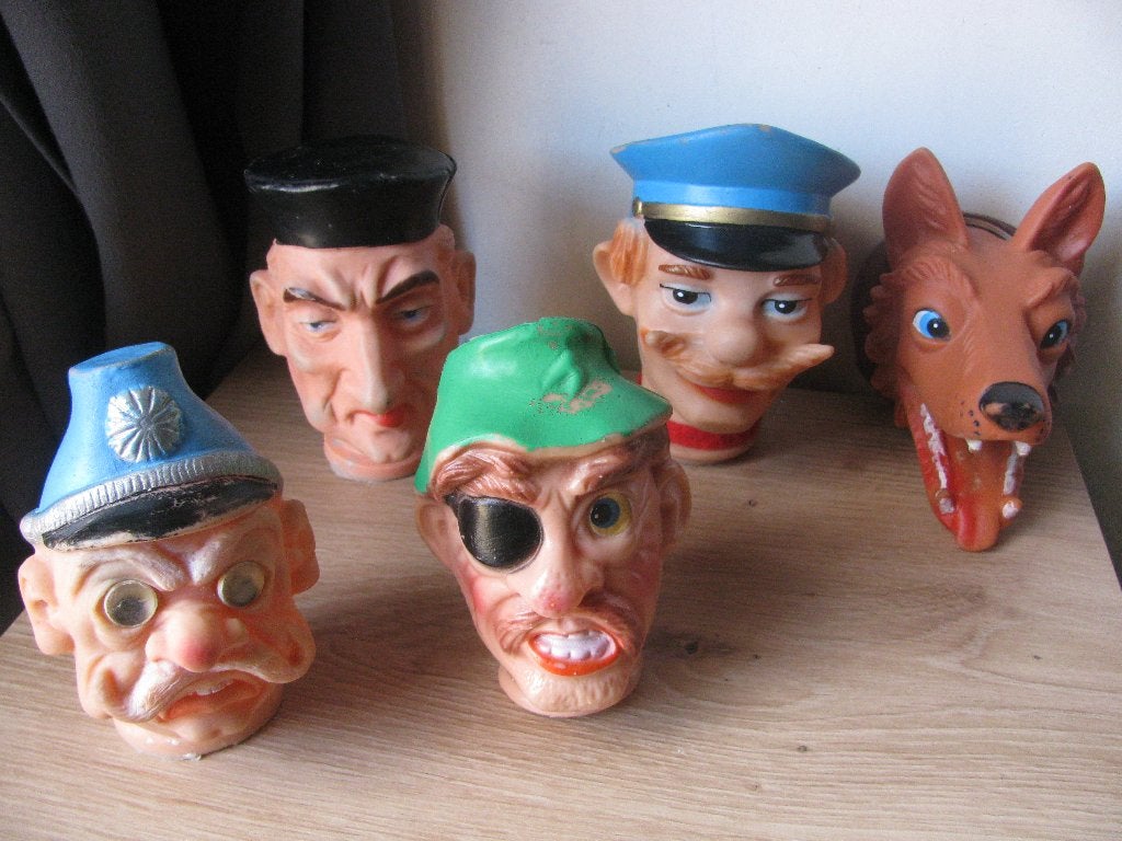 5 X Oude Poppenkast Poppen / Hoofd - Agent Boef Piraat Wolf, Verzenden