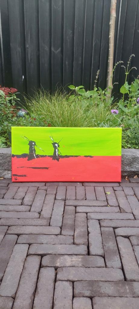 Schilderij met molens - Handgeschilderd kunstwerk, Antiek en Kunst, Kunst | Schilderijen | Modern, Ophalen of Verzenden
