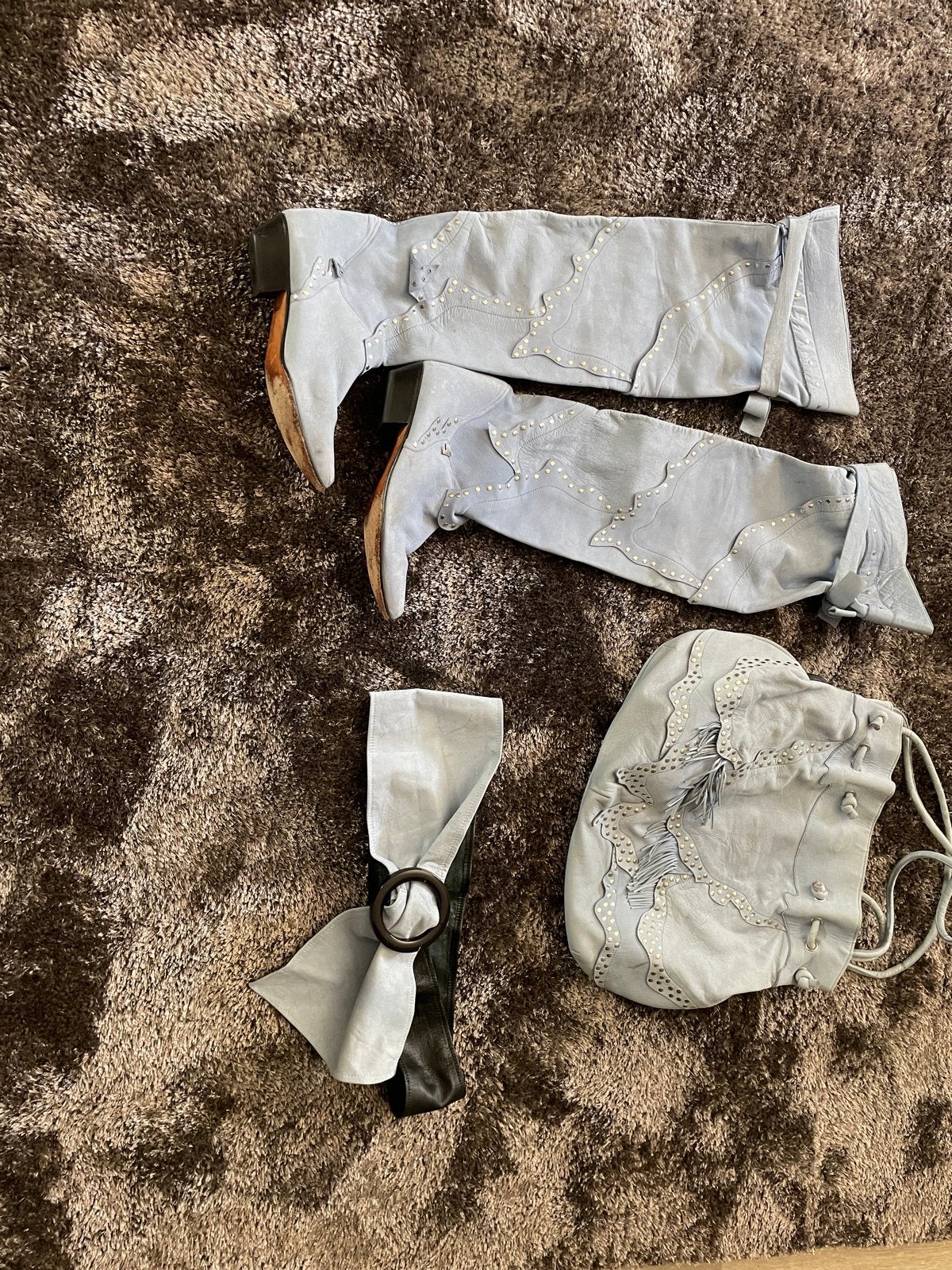 Lichtblauwe leren laarzen en bijpassende tas, Ophalen, Gedragen, Blauw, Hoge laarzen