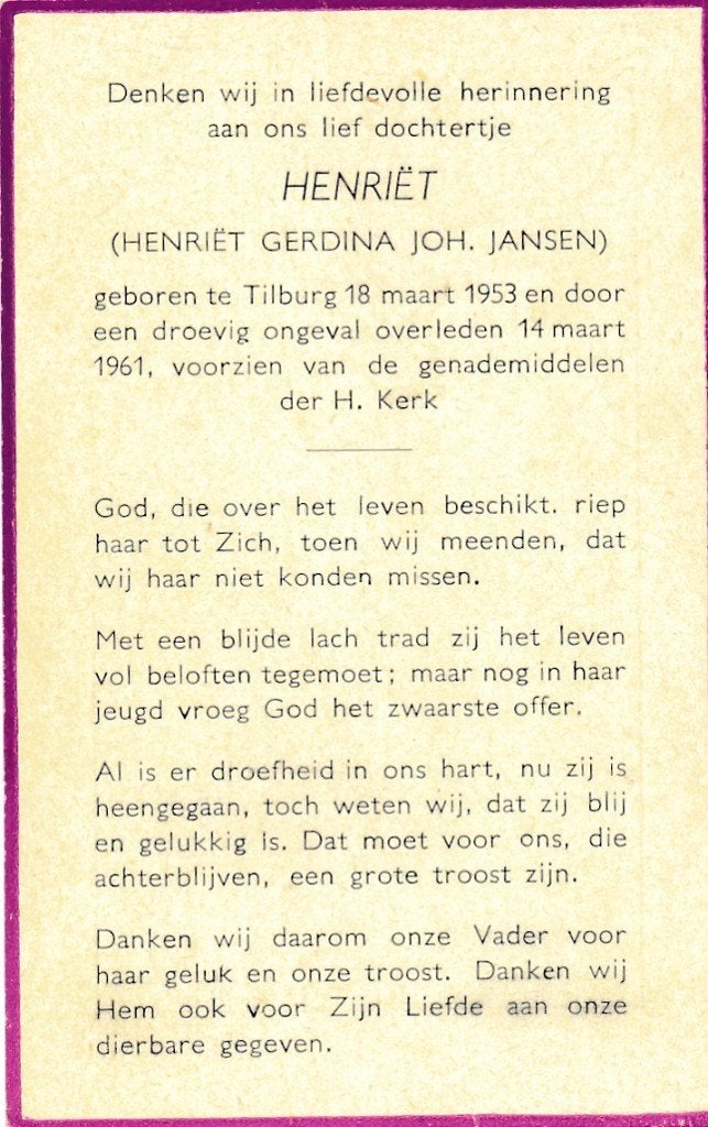 Jansen Henriëtte 1953 Tilburg 1961, Ophalen of Verzenden, Bidprentje