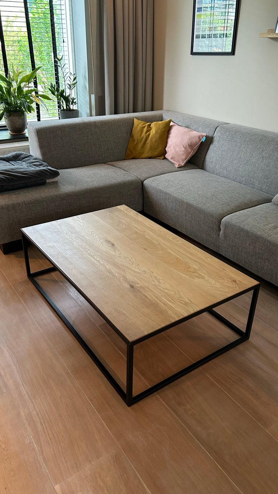 Salontafel eiken met stalen onderstel 120x75x35 cm, Ophalen, 100 tot 150 cm, Eikenhout, 50 tot 100 cm