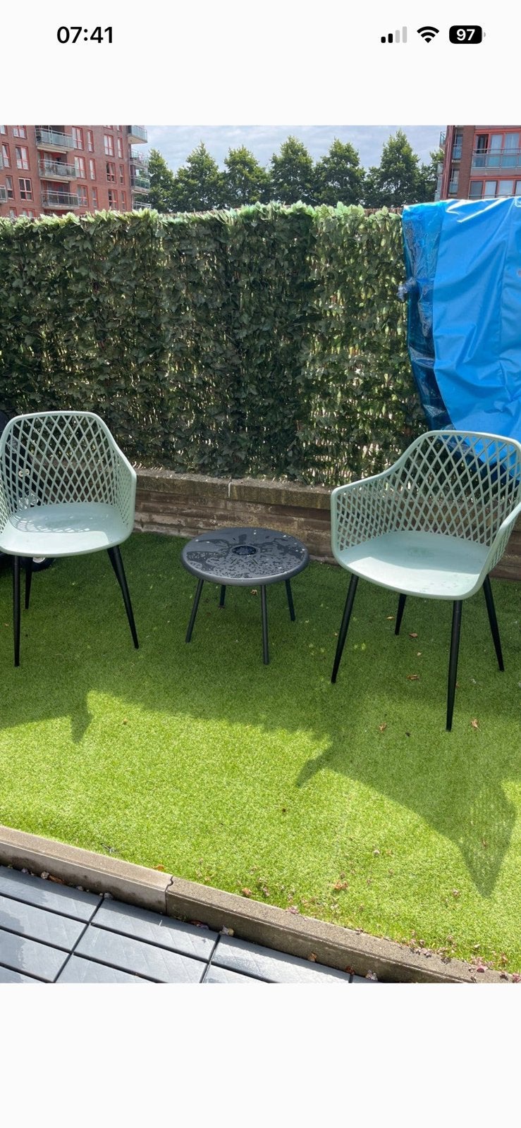 2 mooie groene tuinstoelen en tafeltje van Action, Tuin en Terras, Ophalen of Verzenden, Zo goed als nieuw, Kunststof, 2 zitplaatsen