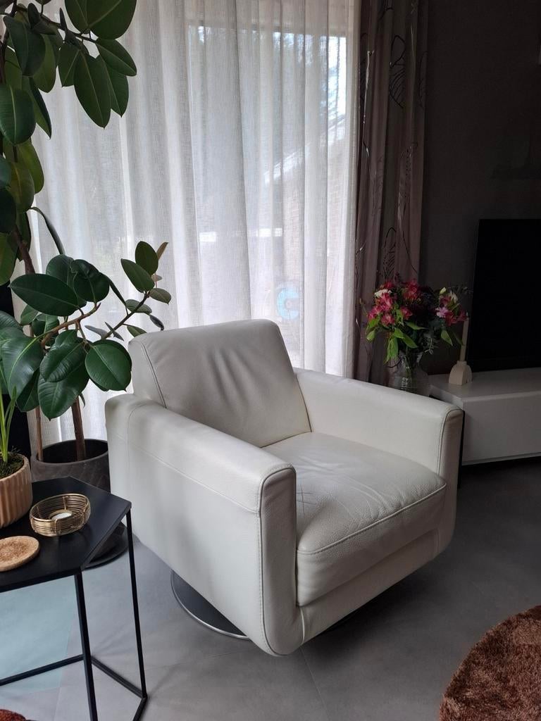 Italiaanse design draaifauteuil - Ivoor leer & RVS, Ophalen, Gebruikt, 75 tot 100 cm, 75 tot 100 cm