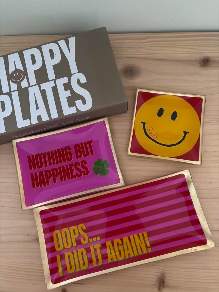 Nieuw! Happy plates 3 bordjes schaaltjes smiley en quote, Blond Amsterdam, Nieuw, Ophalen of Verzenden, Glas
