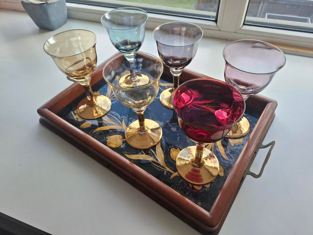 Vintage glazen, inclusief dienblad., Ophalen, Gebruikt, Rond, Overige materialen