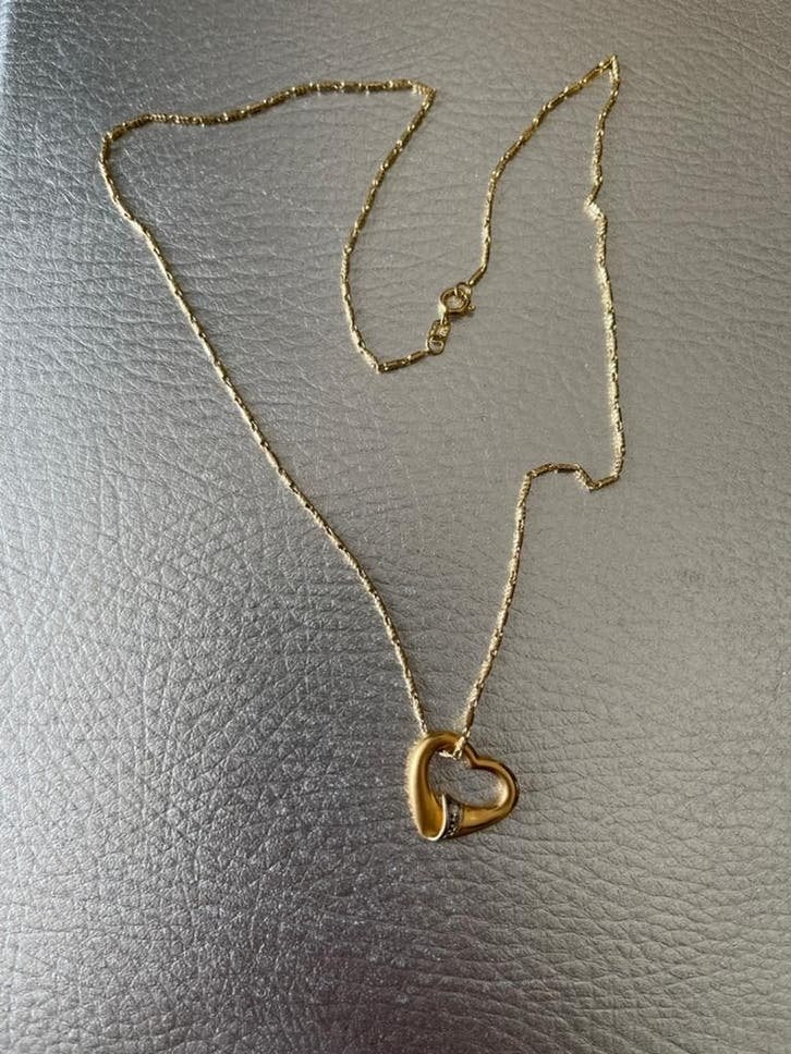 Gouden ketting met hartje en diamant, Sieraden, Tassen en Uiterlijk, Kettingen, Verzenden, Zo goed als nieuw, Geel, Goud