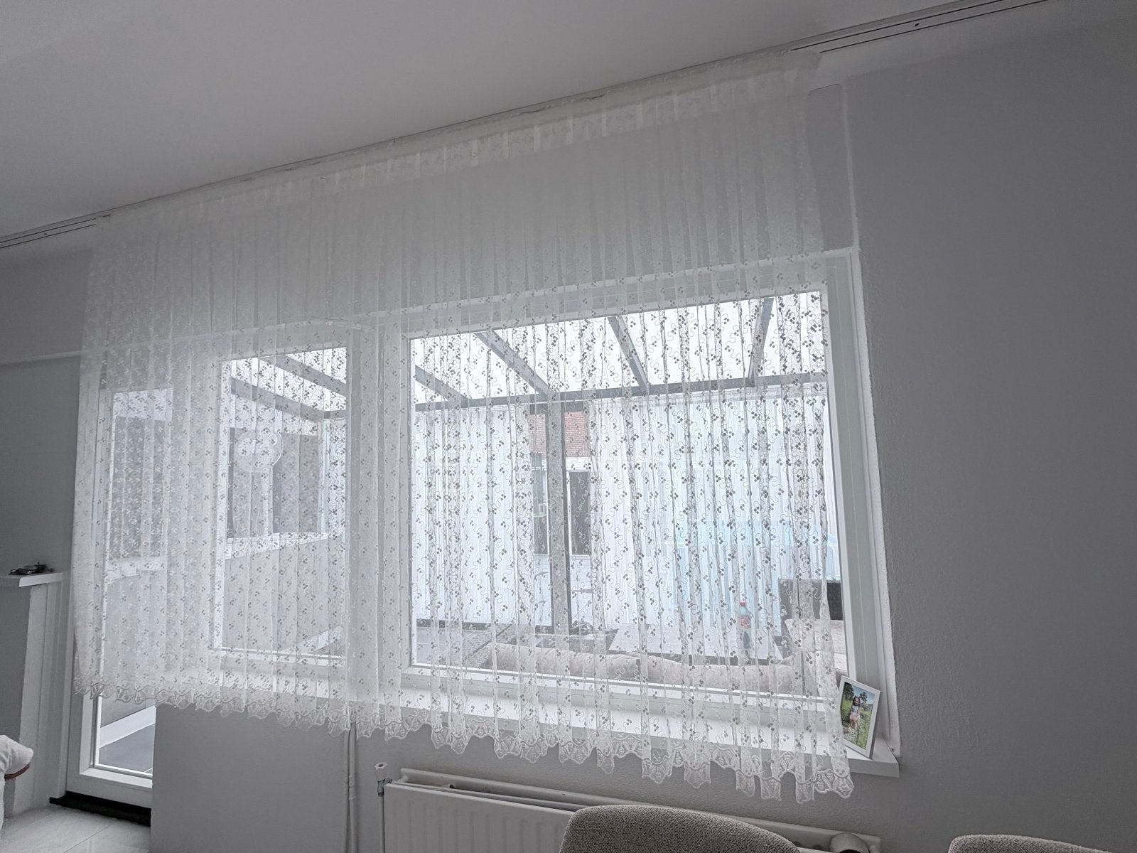 Witte vitrage met patroon en kanten rand, Vitrage, Overige merken, Wit, Ophalen of Verzenden