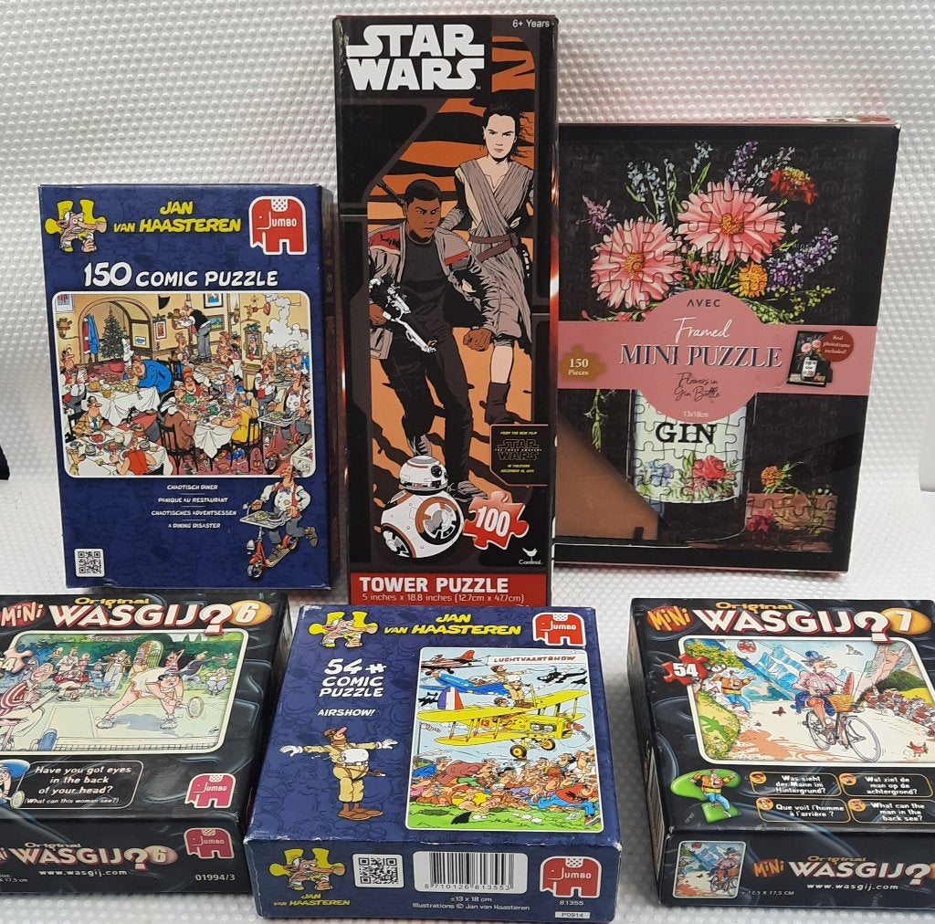 Set 6 mini puzzels Jan van Haasteren, Wasgij, StarWars, Ophalen of Verzenden, Minder dan 500 stukjes, Zo goed als nieuw, Legpuzzel