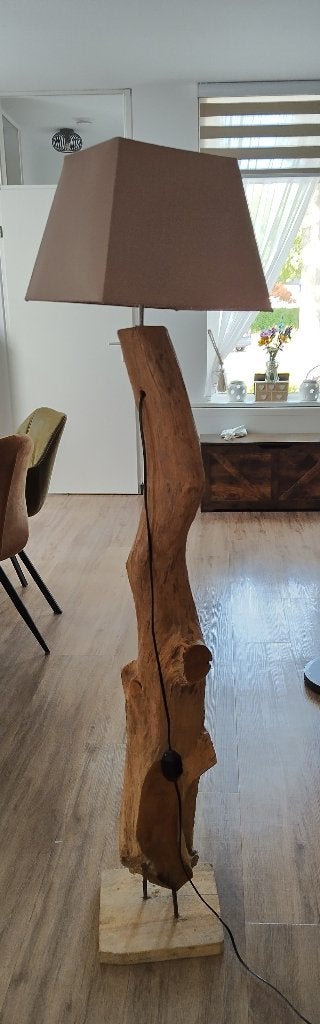 staande boomstam schermerlamp, E27 (groot), Zo goed als nieuw, 150 tot 200 cm, Hout