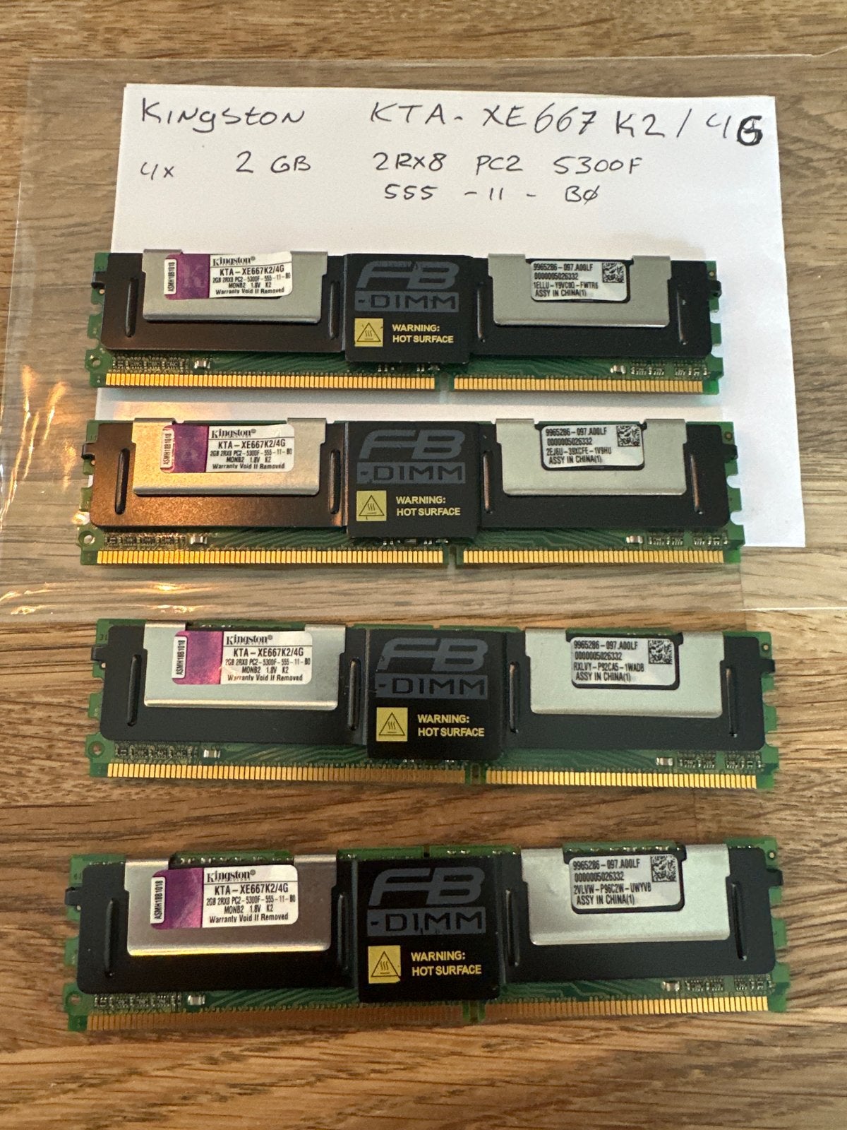 4x 2GB Kingston KTA-XE667K2/4G PC2-5300F DDR2 FB-DIMM, Gebruikt, Server, 8 GB, Ophalen of Verzenden