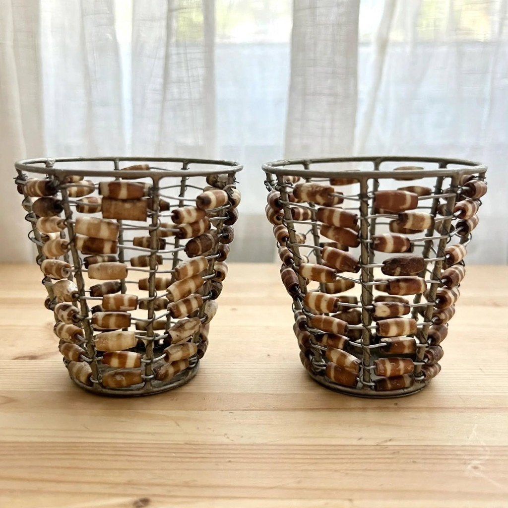 Set van 2 Vintage Afrikaanse Waxinelichthouders - Boho, Bruin, 7 cm, Overige merken, Waxinelichthouder