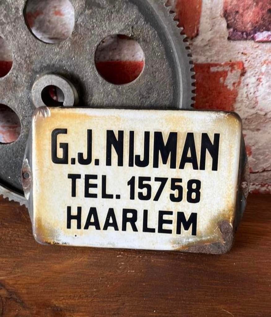 Origineel vintage emaille bordje G.J. Nijman Haarlem 10x15cm, Ophalen of Verzenden