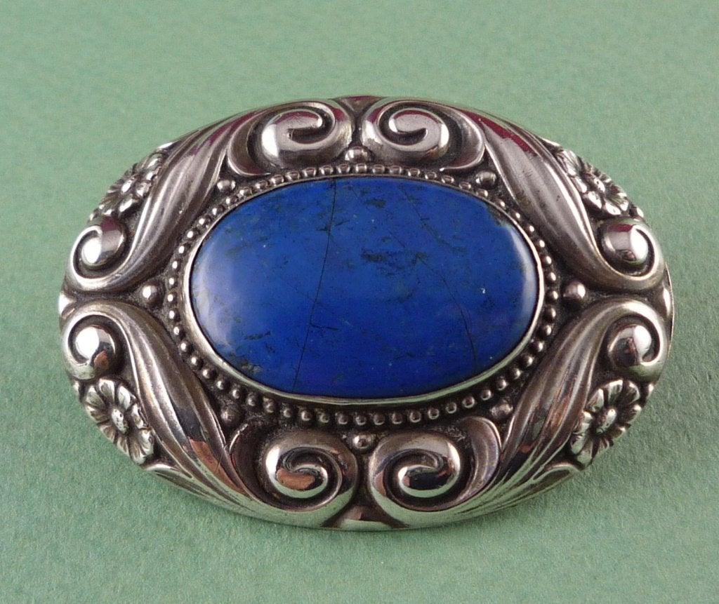 antiek zilveren broche met blauwe steen, 50x35mm, 4 tot 7 cm, Gebruikt, Met edelsteen, Zilver
