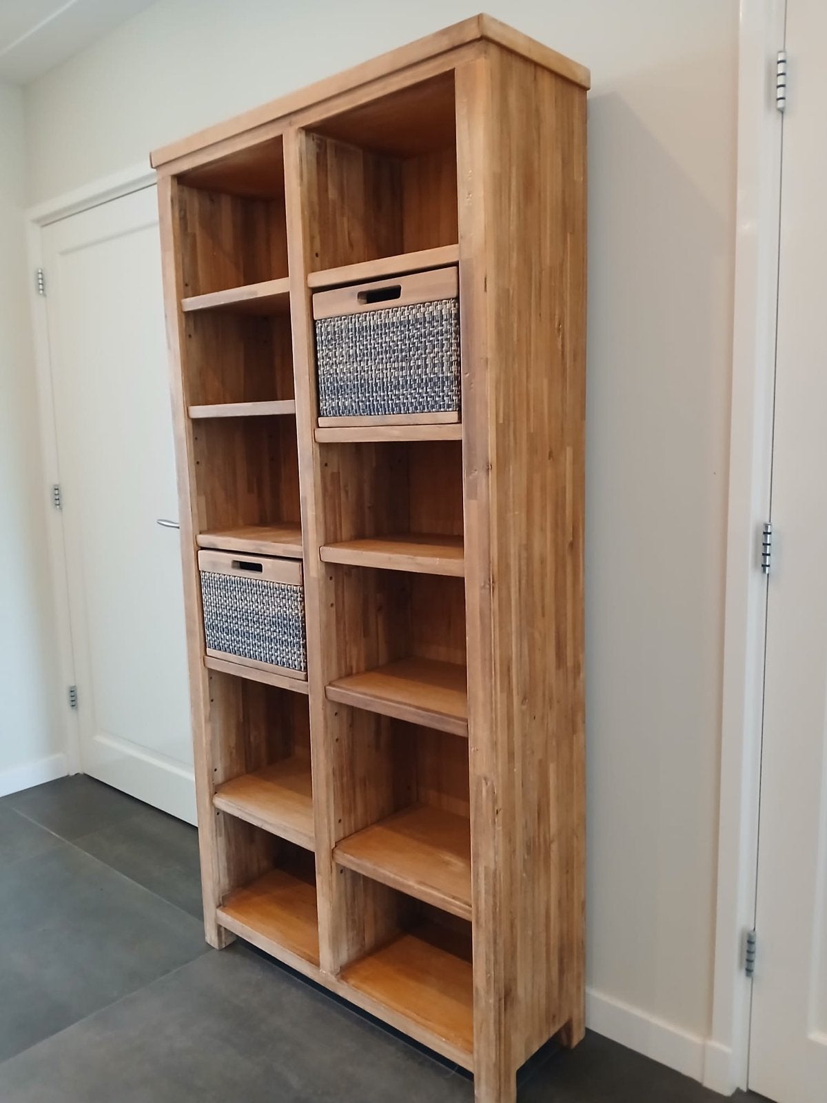 Massief teak outen boekenkast met manden, Ophalen, Met plank(en), Gebruikt, 200 cm of meer